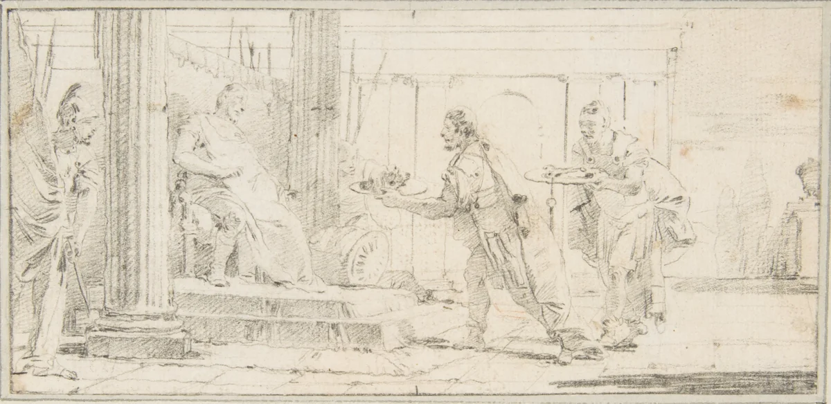 Illustration for a Book: Soldiers Offering the Decapitated Head of a Man and Keys to a General by Giovanni Battista Tiepolo, drawing, 1696-1770