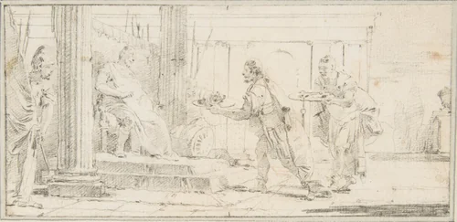 Illustration for a Book: Soldiers Offering the Decapitated Head of a Man and Keys to a General by Giovanni Battista Tiepolo, drawing, 1696-1770
