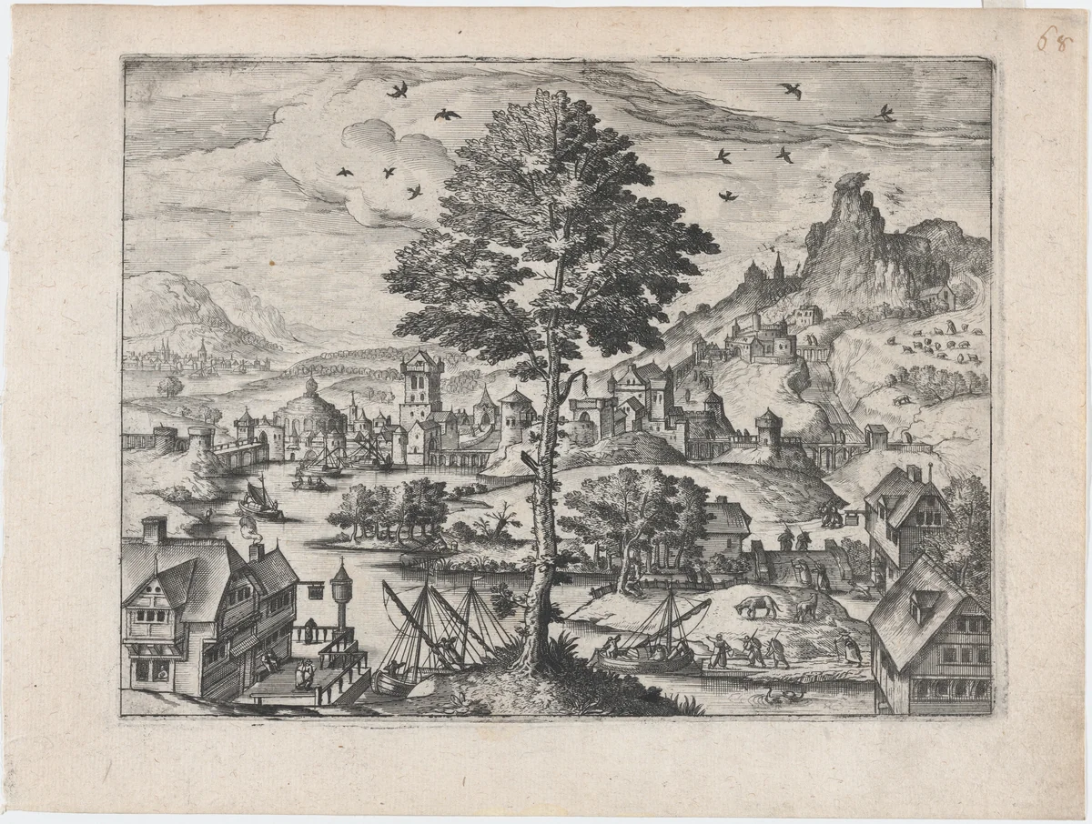 Mountain Landscape by Lucas Gassel, print, 1555-1575