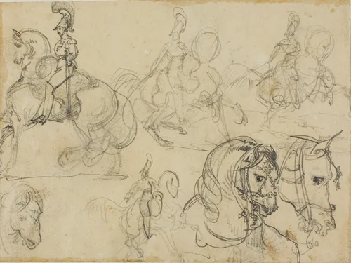Sketches of Mounted Carabiniers and Heads of Horses by Jean Louis André Théodore Géricault, drawing, 1813-1814