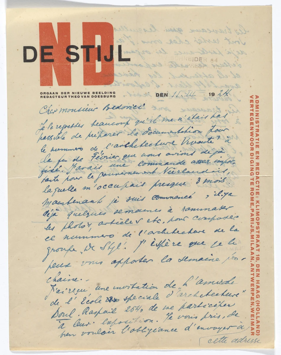 De Stijl NB letterhead (Letter to Jean Badovici from van Doesburg) by Theo van Doesburg, design, 1924