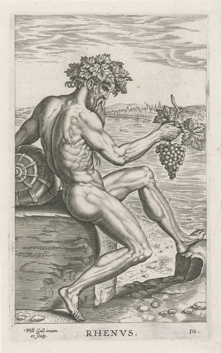 Riviergod Rhenus by Unknown, print, 1586