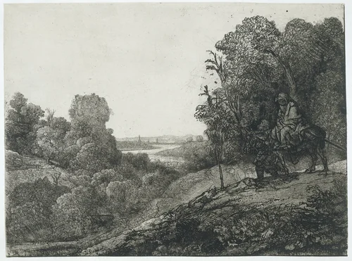 The flight into Egypt: altered plate from Seghers by Rembrandt van Rijn, print, 1653