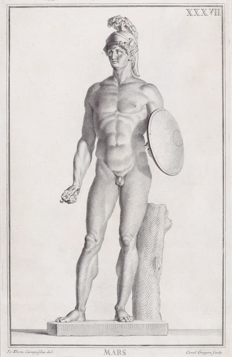 Plate XXXVII (37): Mars, from "Museum Florentinum" (Statuae antiquae dorum et virorum illustrium) by Carlo Gregori, print, 1734