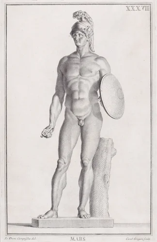 Plate XXXVII (37): Mars, from "Museum Florentinum" (Statuae antiquae dorum et virorum illustrium) by Carlo Gregori, print, 1734