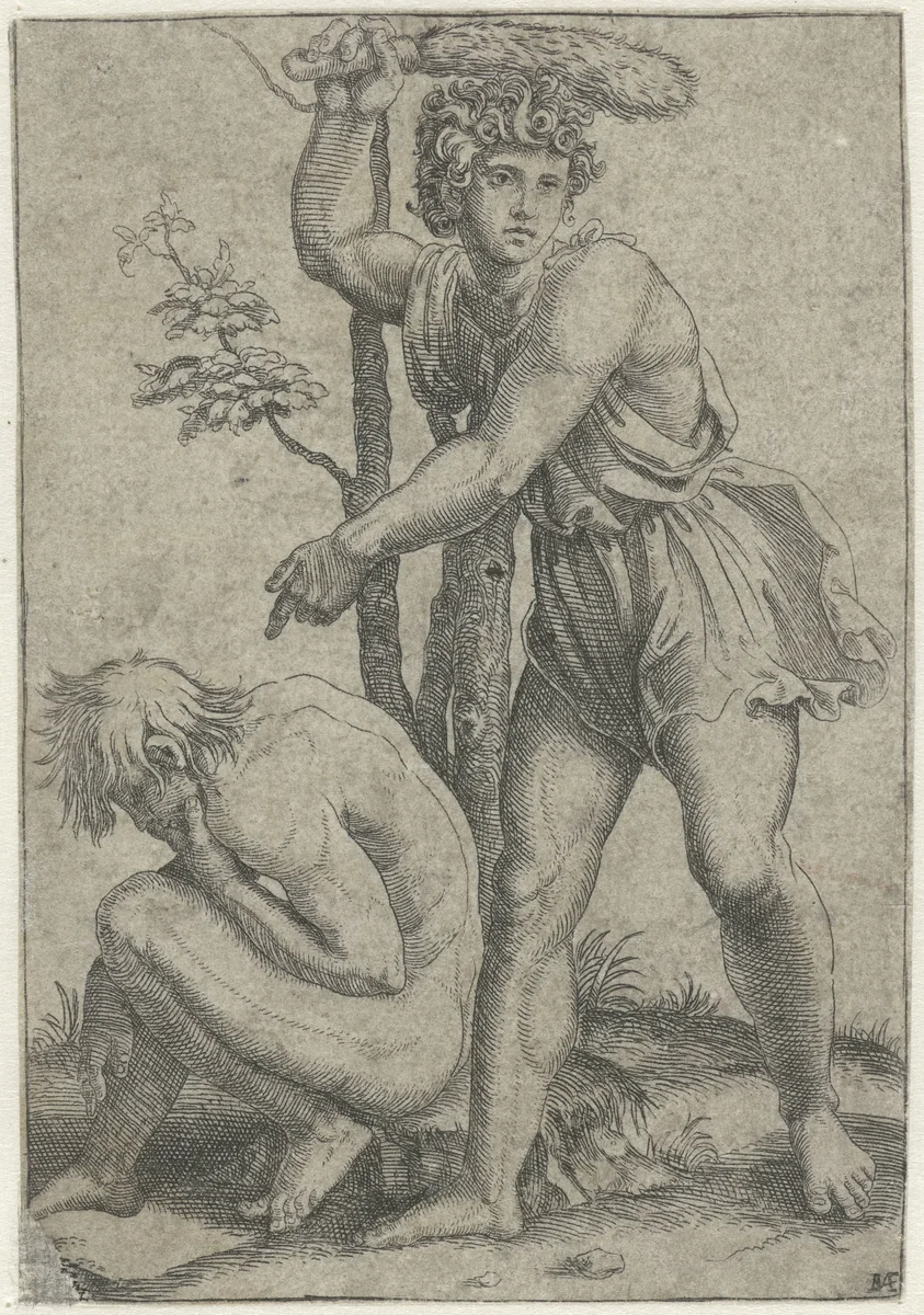Hurkende naakte man geslagen door man met vossestaart by Unknown, print, 1510-1527