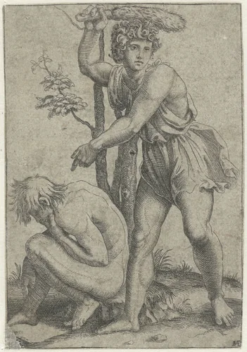 Hurkende naakte man geslagen door man met vossestaart by Unknown, print, 1510-1527