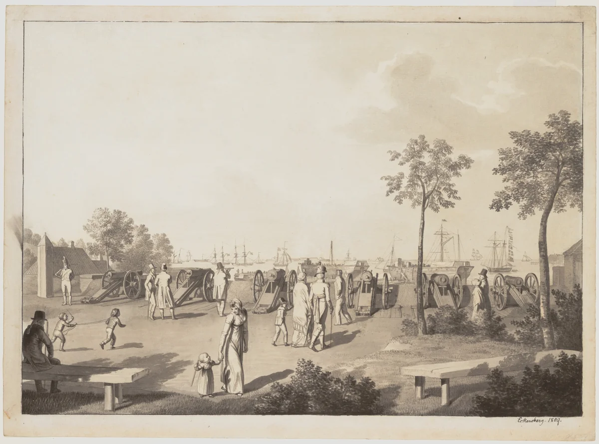 The Harbor of Copenhagen from the Esplanade between Langelinie Park and Toldboden or the Customs House by Christoffer Wilhelm Eckersberg, drawing, 1809