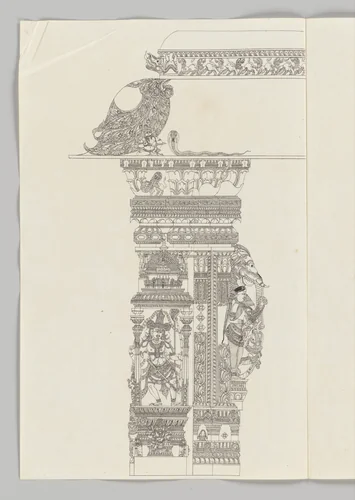 Shiva as Tripsurasamhara; woman holding a flywhisk; rearing yali by Unidentified, painting, 1790-1810