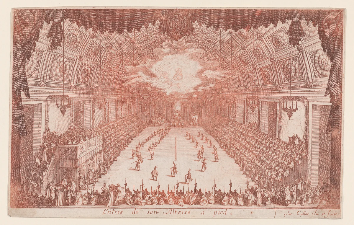 La Défilé a Pied (The Parade on Foot), from Le Combat a la Barrière in the Palace at Nancy by Henri Humbert, printed by Sebastien Phillipe by Jacques Callot, print, 1622-1632