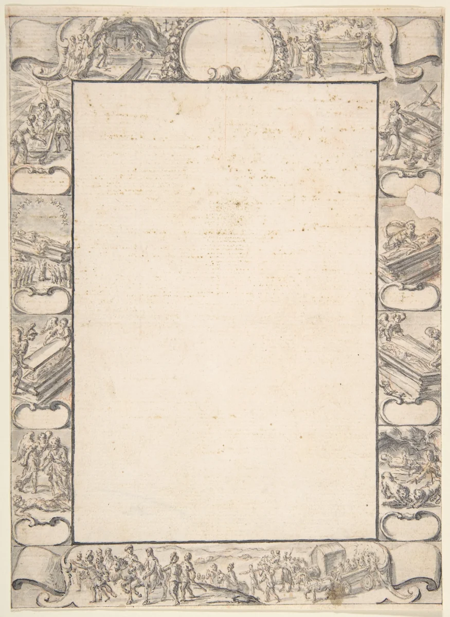 Design for Border with Religious Scenes by anonymous, drawing, 1600-1699