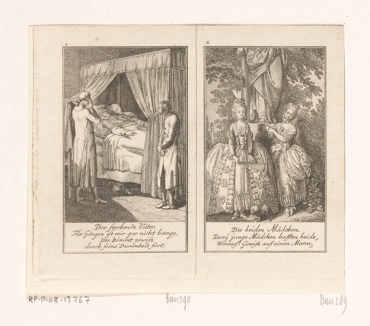 Twee scènes uit Gellert's Fabelen by Daniel Nikolaus Chodowiecki, print, 1776