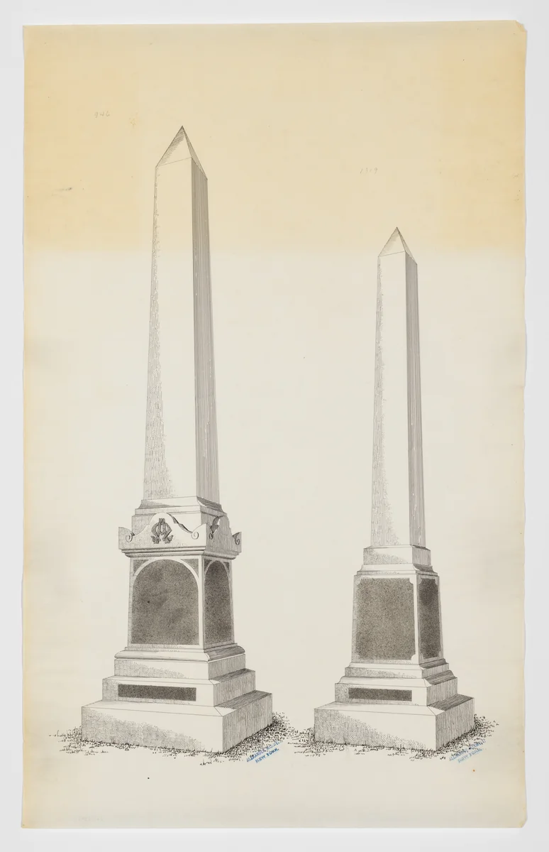 Two Obelisk Grave Monuments, Nos. 946, 1319 by Alexander Maxwell, drawing, 1840-1880