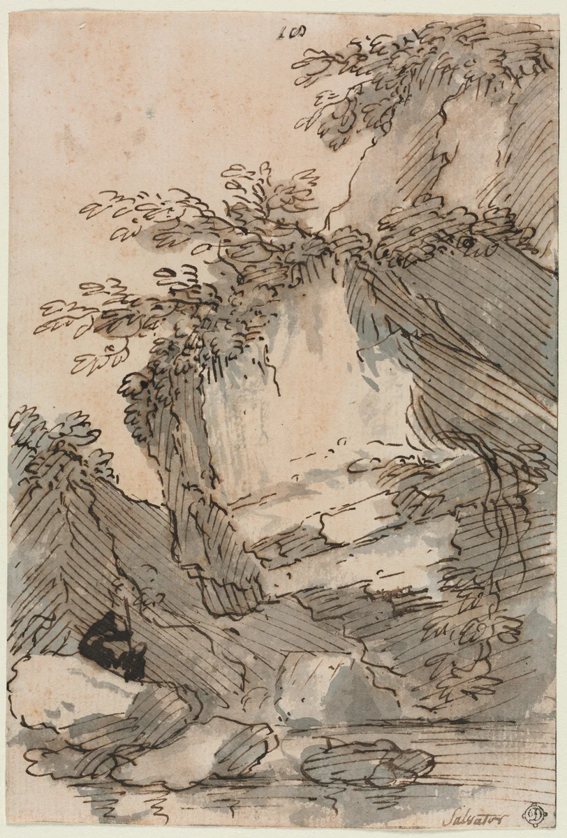 Figures by a Rocky Pool by Salvator Rosa, drawing, 1660-1673