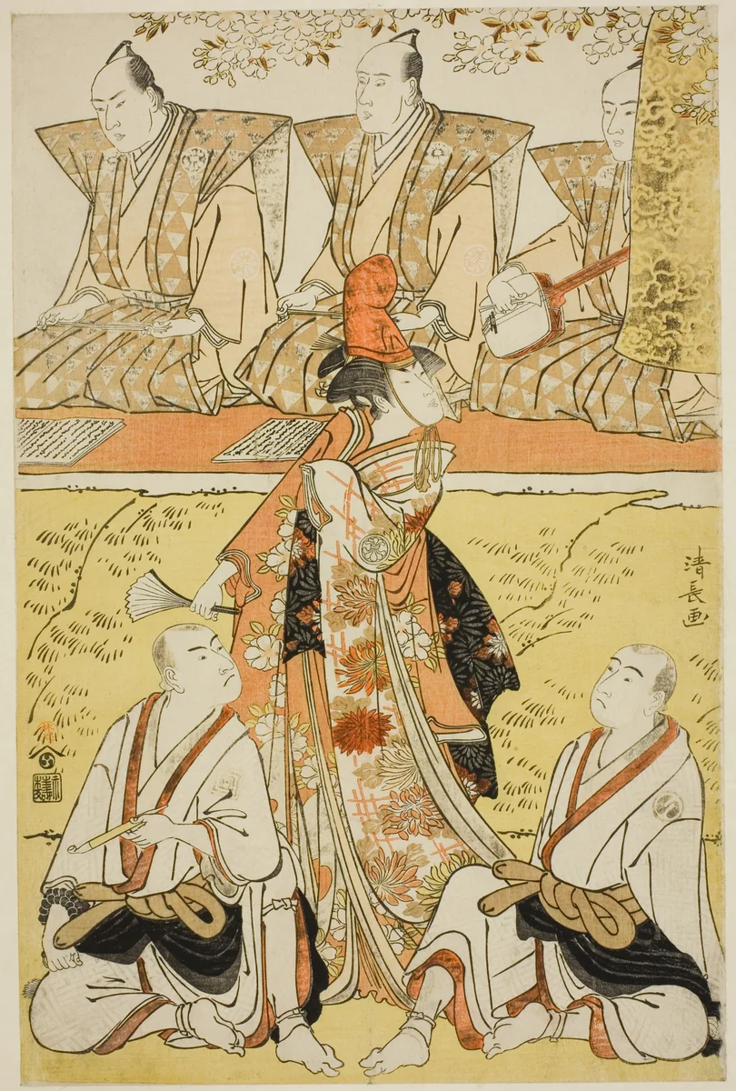 The Actors Segawa Kikunojo III as Koito, Sawamura Sojuro III as the monk Sainenbo, and Ichikawa Monnosuke II as the monk Renseibo, in the shosa "Mata Saku Hana Museume Dojoji," performed at the Nakamura Theater in the fourth month, 1783 by Torii Kiyonaga (鳥居清長), print, 1783