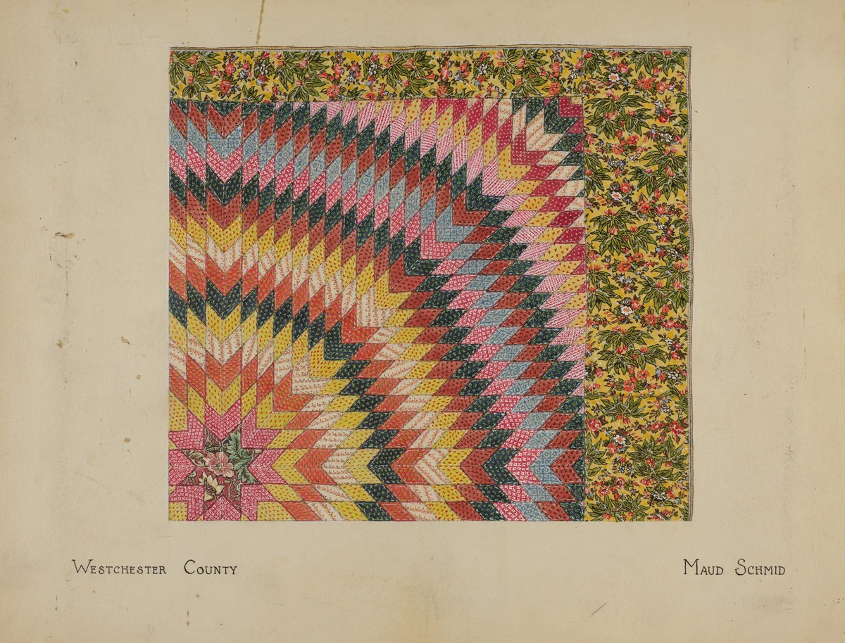 Quilt - "Rising Sun" by Maud Schmid, index of american design, 1936