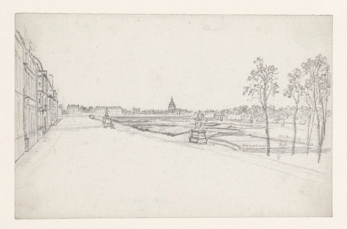 Gezicht op de Dome des Invalides uit de Champ de Mars by Georges Michel, drawing, 1773-1843