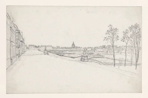 Gezicht op de Dome des Invalides uit de Champ de Mars by Georges Michel, drawing, 1773-1843