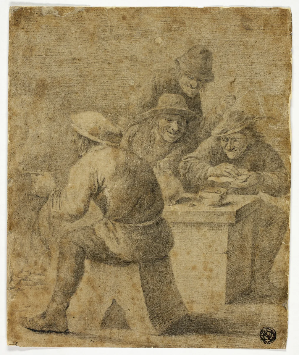 Four Peasants at Table by Adriaen Brouwer, drawing, 1600-1700