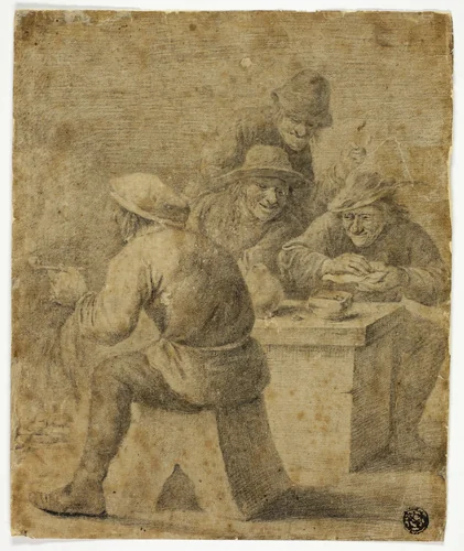 Four Peasants at Table by Adriaen Brouwer, drawing, 1600-1700