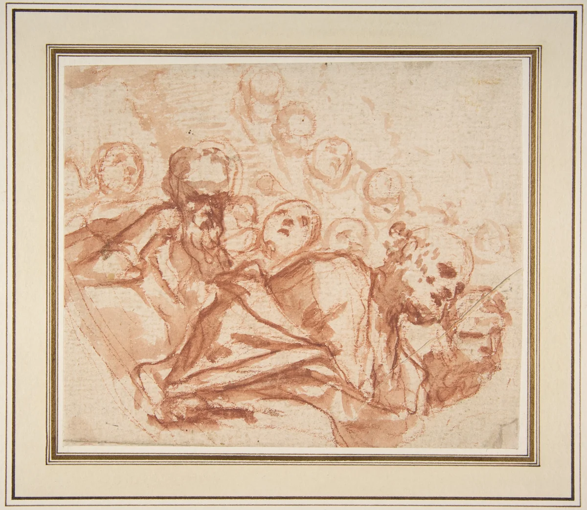 A Group of Saints and Angels (recto); Studies of a Male Figure in a Pendentive (verso) by Mattia Preti, drawing, 1613-1699
