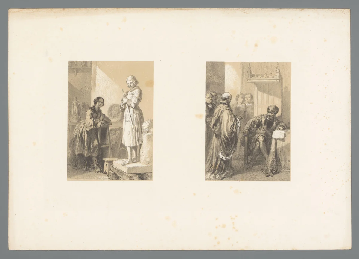 Voorstelling van vrouw die kijkt naar standbeeld van edelman en voorstelling van man in lange mantel bij man in voorname stoel by Adolphe Mouilleron, print, 1830-1881