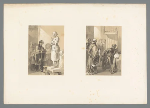 Voorstelling van vrouw die kijkt naar standbeeld van edelman en voorstelling van man in lange mantel bij man in voorname stoel by Adolphe Mouilleron, print, 1830-1881