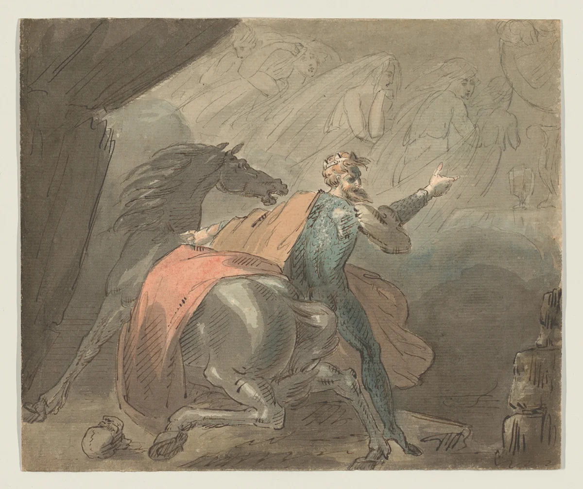 A king with his horse, alarmed by ghostly women by William Hamilton, drawing, 1770-1780