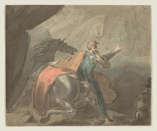 A king with his horse, alarmed by ghostly women by William Hamilton, drawing, 1770-1780