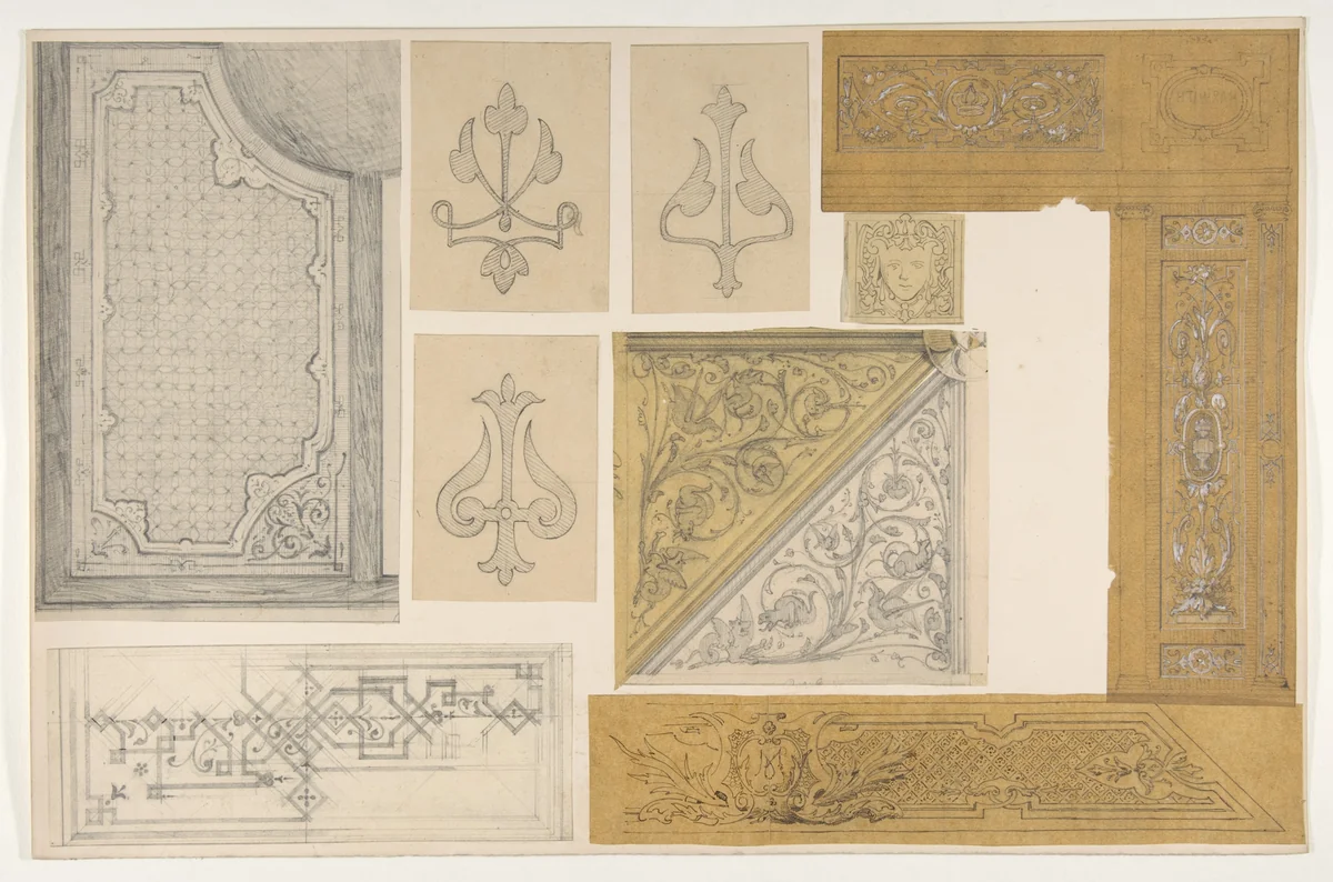 Ten designs for the painted decoration of an interior; one possibly for "Harwith" by Jules-Edmond-Charles Lachaise, drawing, 1845-1900