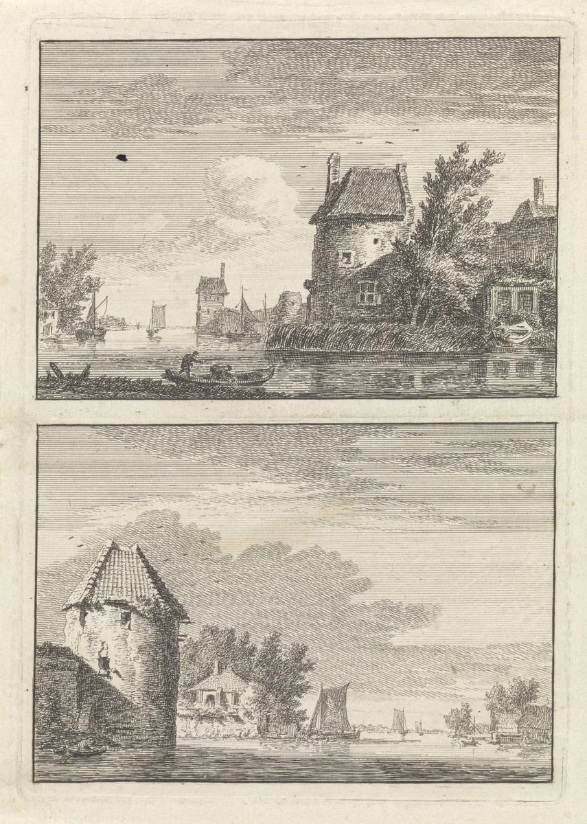 Twee rivierlandschappen met een toren by Hendrik Spilman, print, 1742-1784
