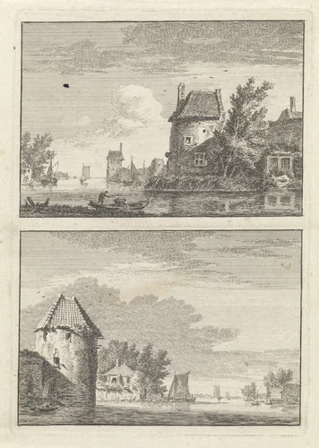 Twee rivierlandschappen met een toren by Hendrik Spilman, print, 1742-1784