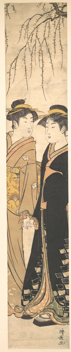 Two Tall Young Women Walking Hand in Hand by Torii Kiyonaga (鳥居清長), print, 1775-1795