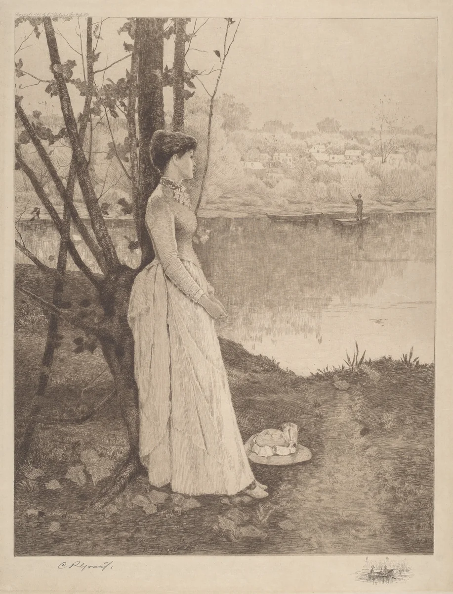 Untitled (Lady by a Riverbank) by Clement Rollins Grant, print, 1890