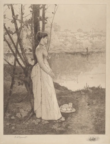 Untitled (Lady by a Riverbank) by Clement Rollins Grant, print, 1890