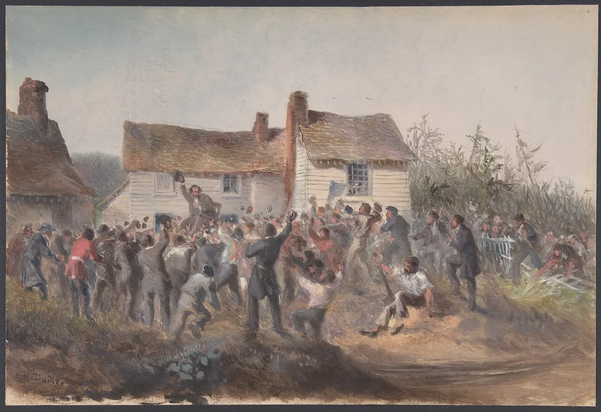 September 8th at Heart's Content, the day of the successful termination of the work of laying, recovering, completing and testing the Atlantic Telegraph Cables of 1865 and 1866 by Robert Charles Dudley, drawing, 1866