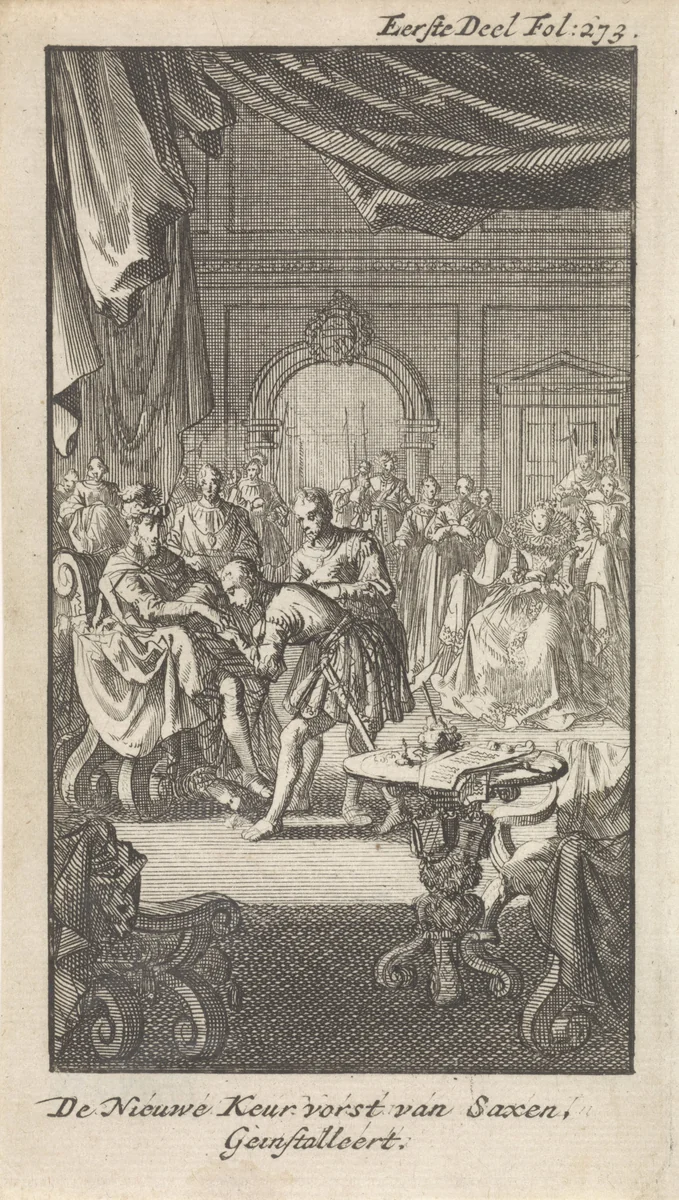 Aanstelling van Maurits van Saksen als de nieuwe keurvorst van Saksen, 1547 by Jan Luyken, print, 1701