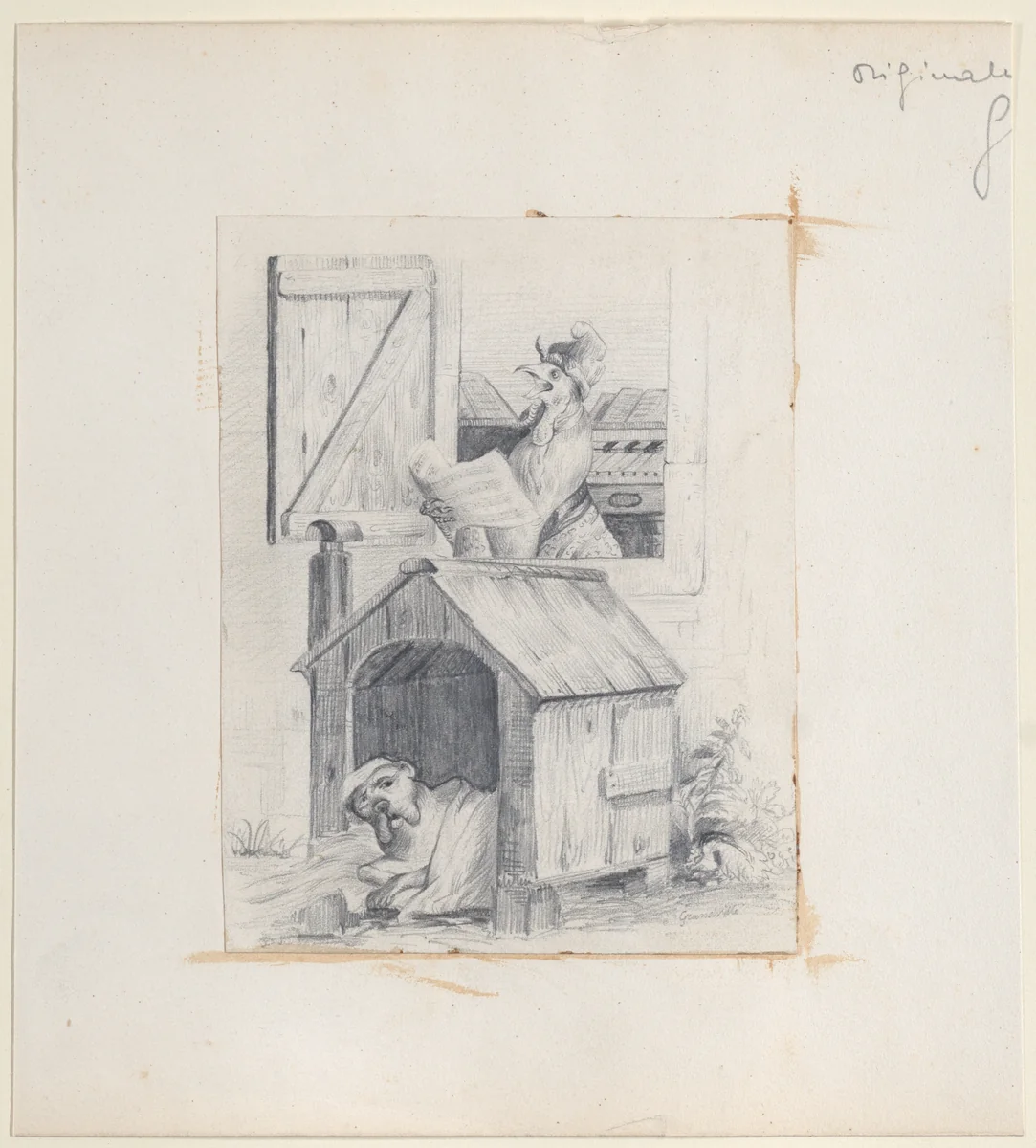 Dog in doghouse; cock singing at window by J. J. Grandville, print, 1837-1847