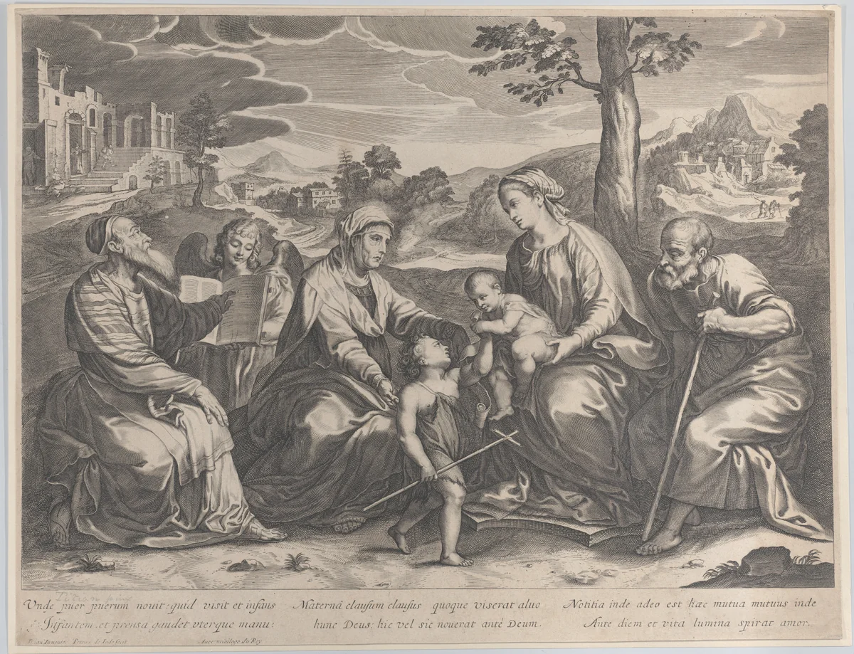 The Holy Family at right, with the infant Saint John the Baptist, Elizabeth, Zacharias, and an angel at left by Pieter de Jode II, print, 1631-1637