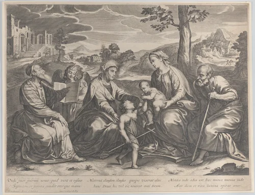 The Holy Family at right, with the infant Saint John the Baptist, Elizabeth, Zacharias, and an angel at left by Pieter de Jode II, print, 1631-1637