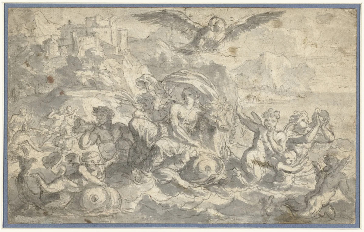 Europa en de stier omgeven door zeegoden by Charles Le Brun, drawing, 1630-1690