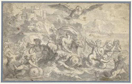 Europa en de stier omgeven door zeegoden by Charles Le Brun, drawing, 1630-1690