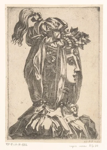 Vrouw met masker en fantasie hoofdbedekking by anonymous, print, 1535-1598
