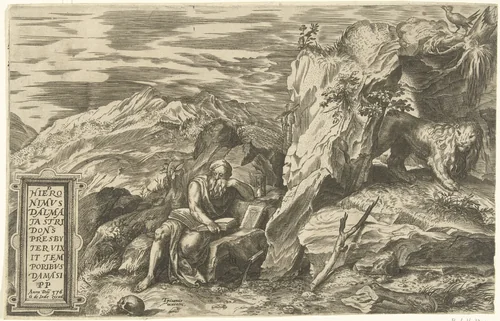 Landschap met lezende Hieronymus by anonymous, print, 1565-1591