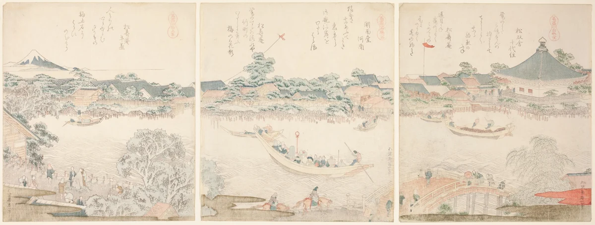 Komagata Hall and O-umaya River Bank, from the series "A Selection of Horses (Uma zukushi)" by Katsushika Hokusai (葛飾 北斎), print, 1817-1827