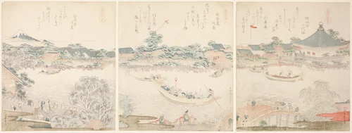 Komagata Hall and O-umaya River Bank, from the series "A Selection of Horses (Uma zukushi)" by Katsushika Hokusai (葛飾 北斎), print, 1817-1827