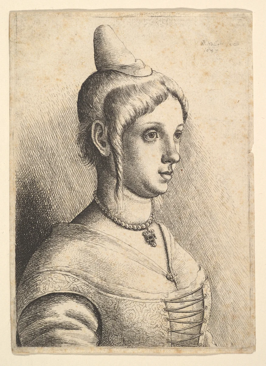 Young woman with a conical hat to right by Wenceslaus Hollar, print, 1645
