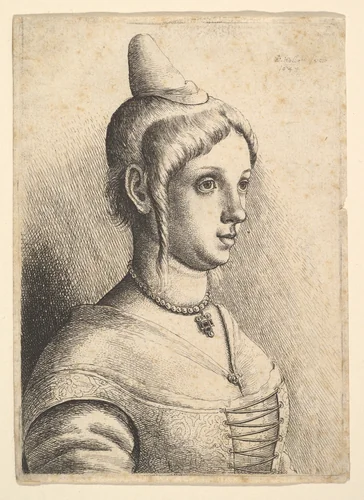 Young woman with a conical hat to right by Wenceslaus Hollar, print, 1645