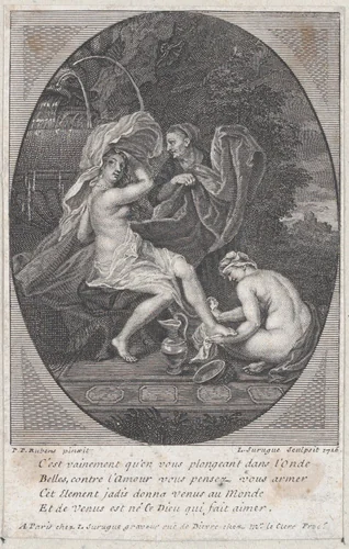 A woman at the bath, another woman washing her right foot and an old woman behind her holding her clothes by Louis Surugue, print, 1716