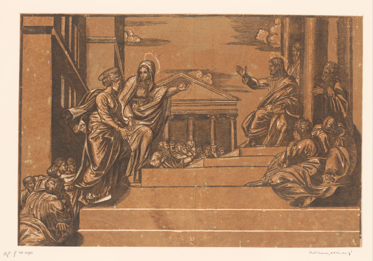 Marta leidt Maria Magdalena naar de tempel by Unknown, print, 1554-1572